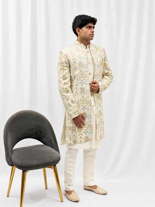Premium Ivory Mosaic Printed Indo-Western Jacket Set for Men