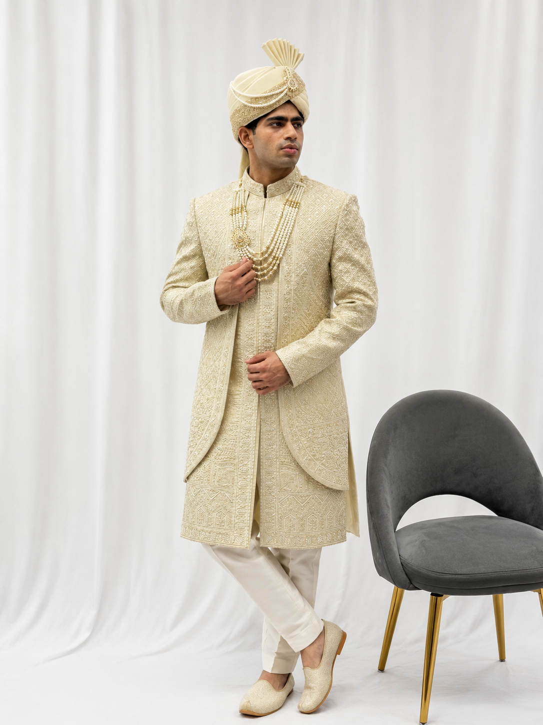 Royal Ivory Embroidered Sherwani Set with Safa