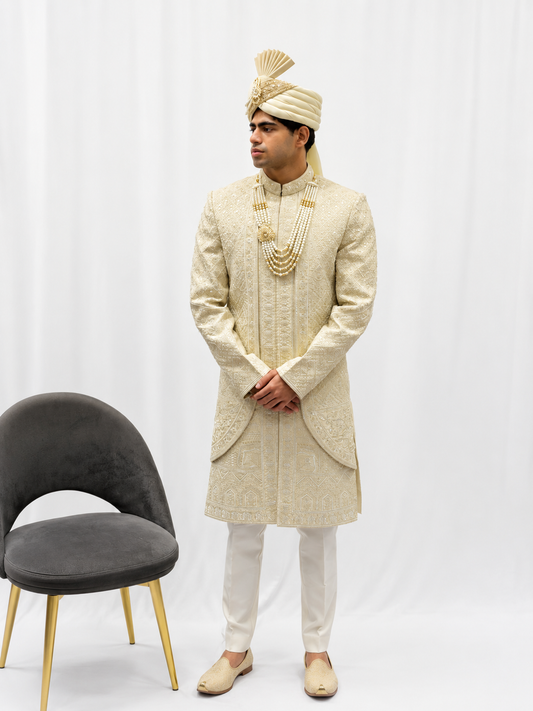 Royal Ivory Embroidered Sherwani Set with Safa