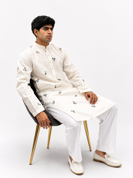 Ivory Floral Embroidered Linen Kurta Set for Men