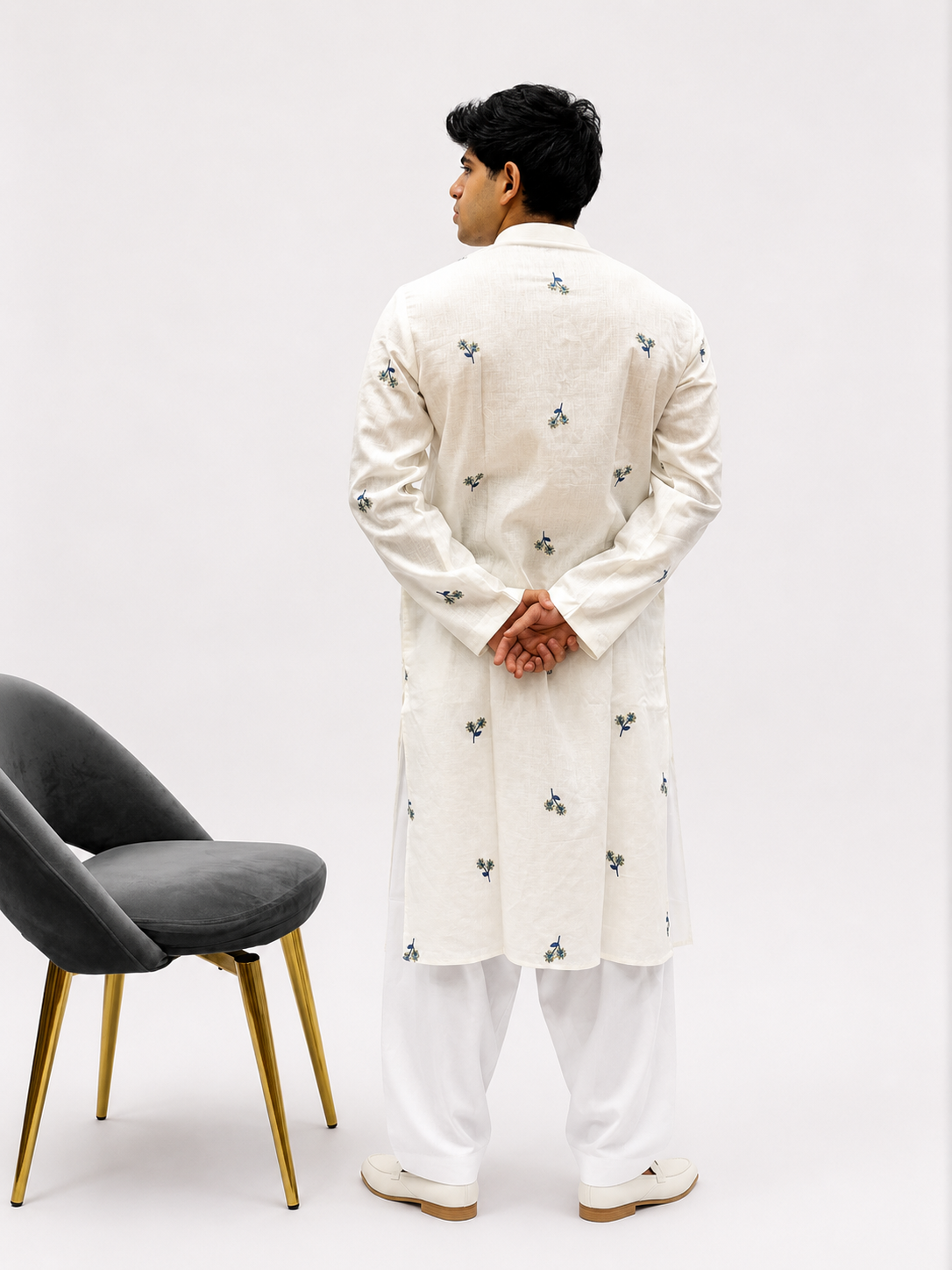 Ivory Floral Embroidered Linen Kurta Set for Men