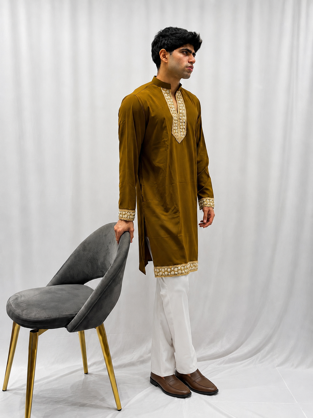Dark Brown V-Neck Armani Kurta Set with Embroidered Neckline