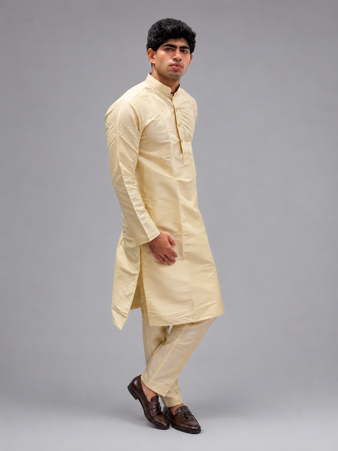 Golden Kurta & Brown Nehru Jacket Set