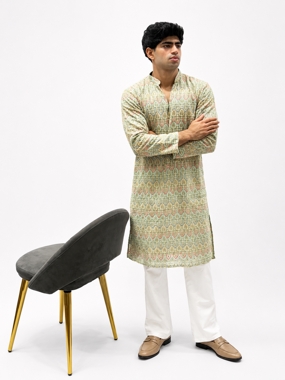 Pista Multi-Thread Work V-Neck Kurta Set