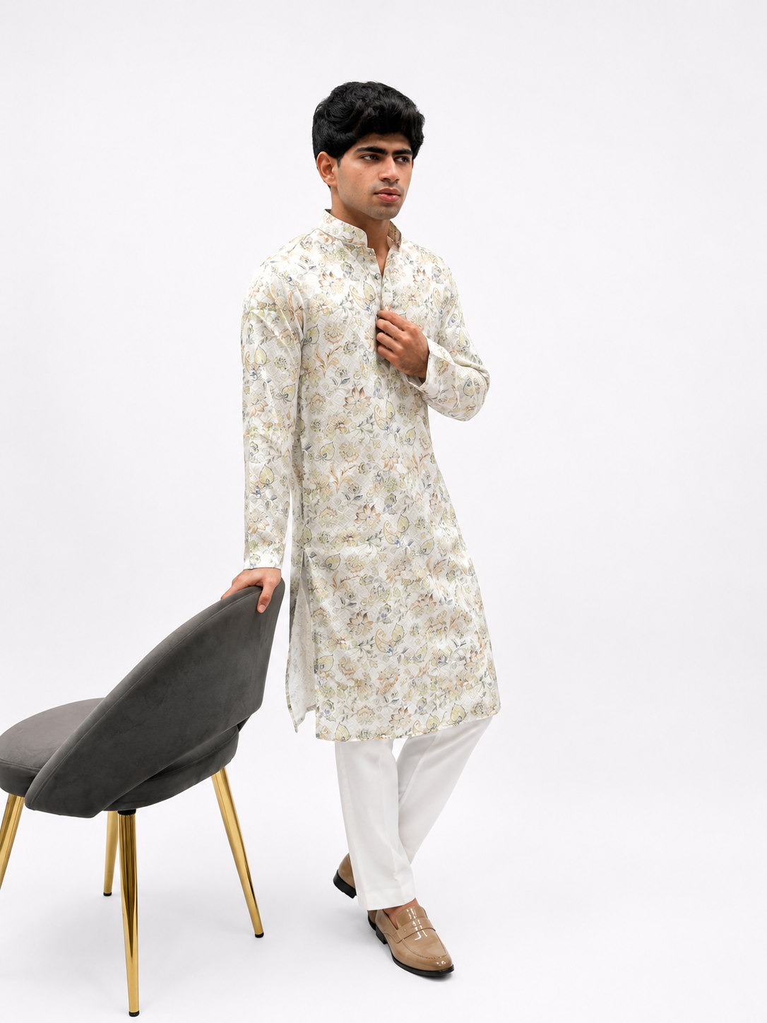 White Floral Printed Kurta Set