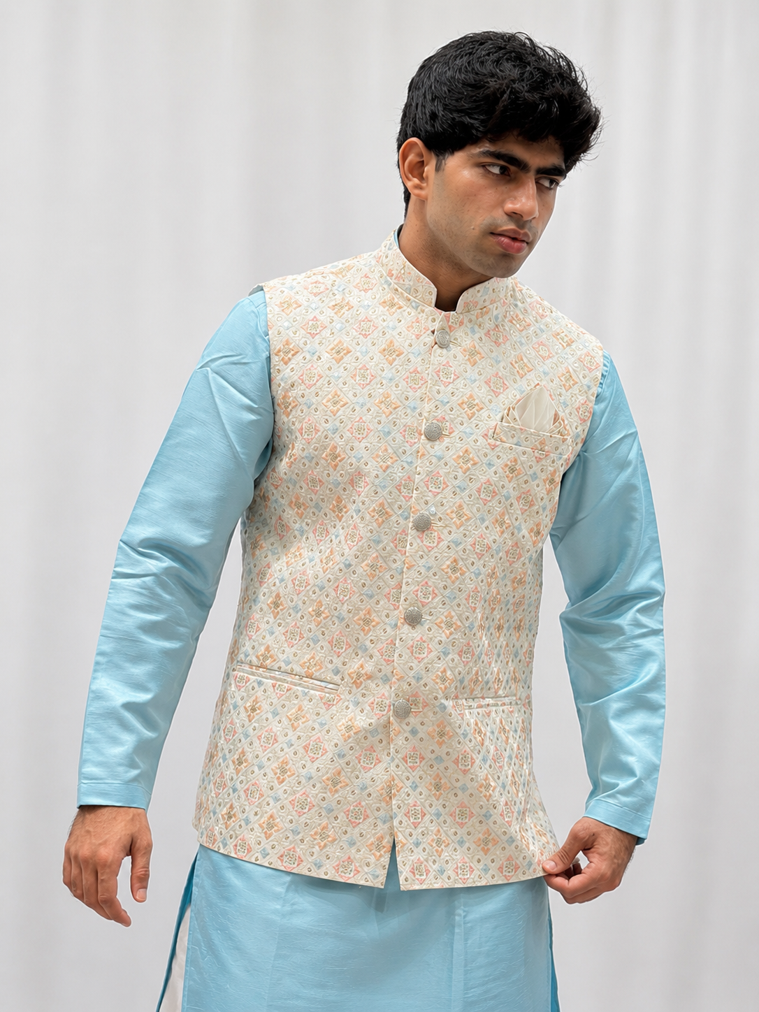 Sky Blue Embroidered Nehru Jacket Kurta Set