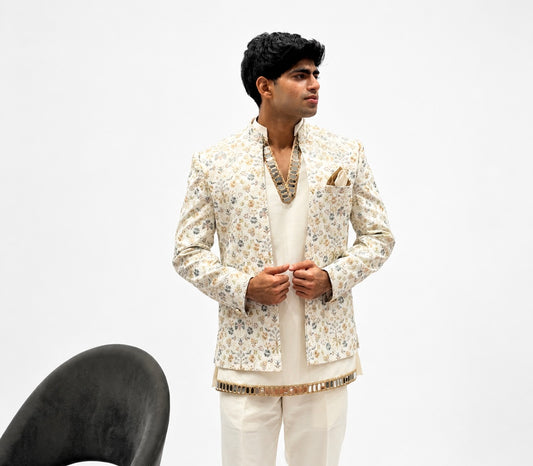 Ivory Floral Printed Jodhpuri Jacket set