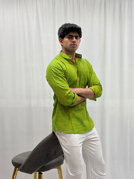 Green Cotton Linen Short Kurta