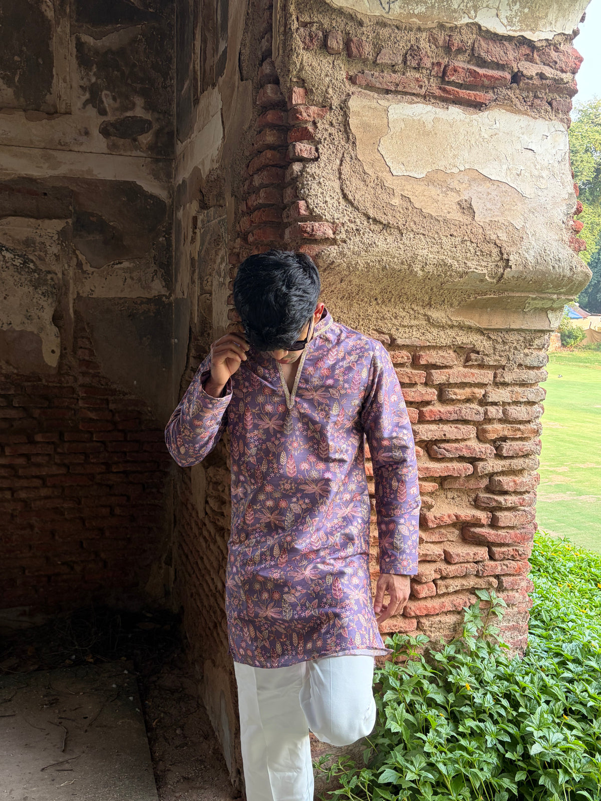 Mauve Floral Printed Men's Kurta