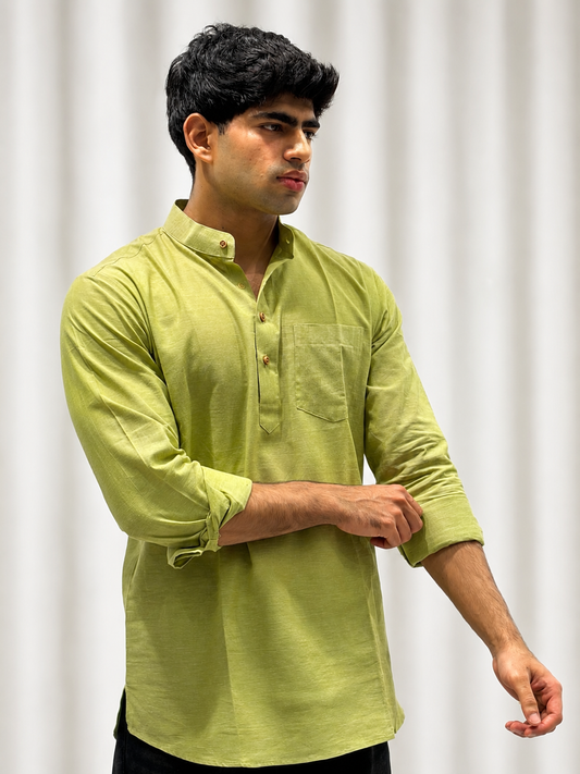 Pista Green Cotton Linen Short Kurta Only