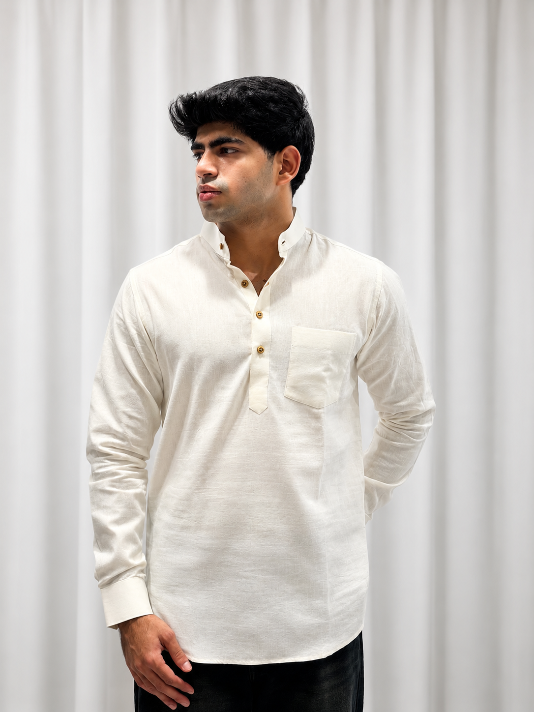 White Cotton Linen Short Kurta Only