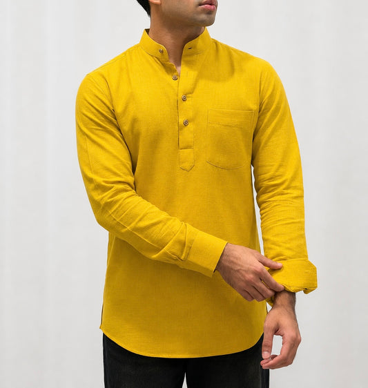 Dark Yellow Cotton Linen Short Kurta Only