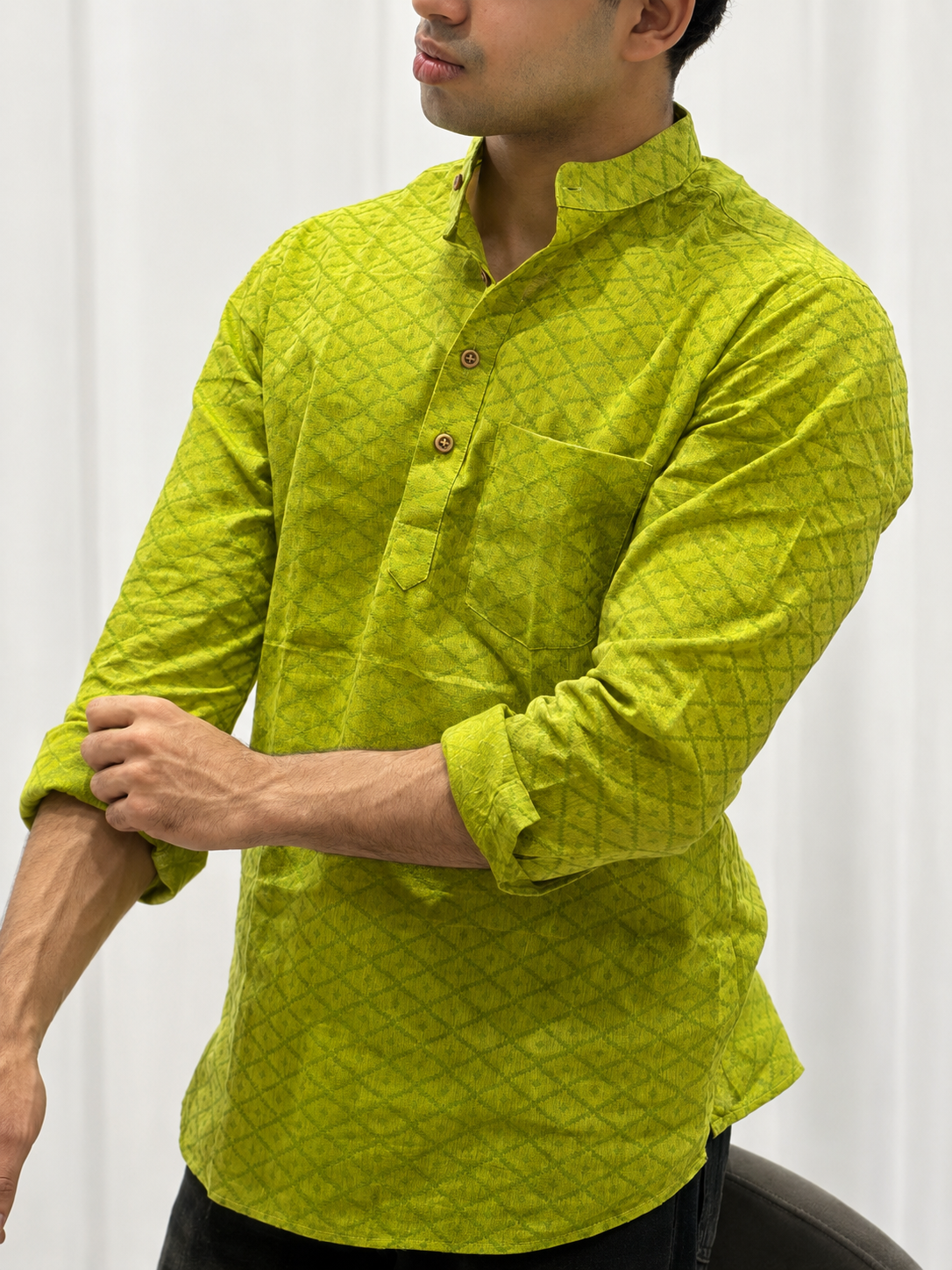 Green Cotton Linen Short Kurta – Pattern 1