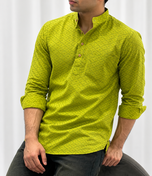 Green Cotton Linen Short Kurta – Pattern 1