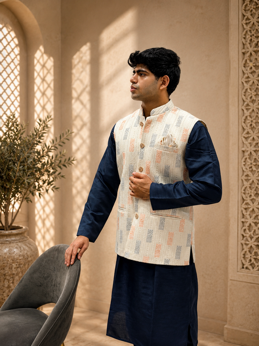 Navy Blue Kurta Cream Multi Nehru Jacket Set