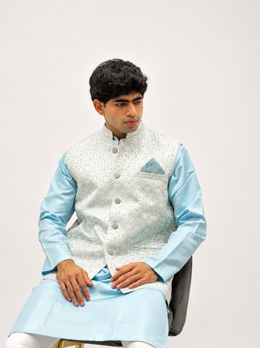 Blue Kurta, White Trouser & Light Grey Embroidered Nehru Jacket Set