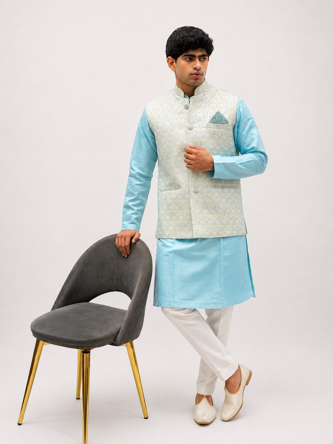 Blue Kurta, White Trouser & Light Grey Embroidered Nehru Jacket Set