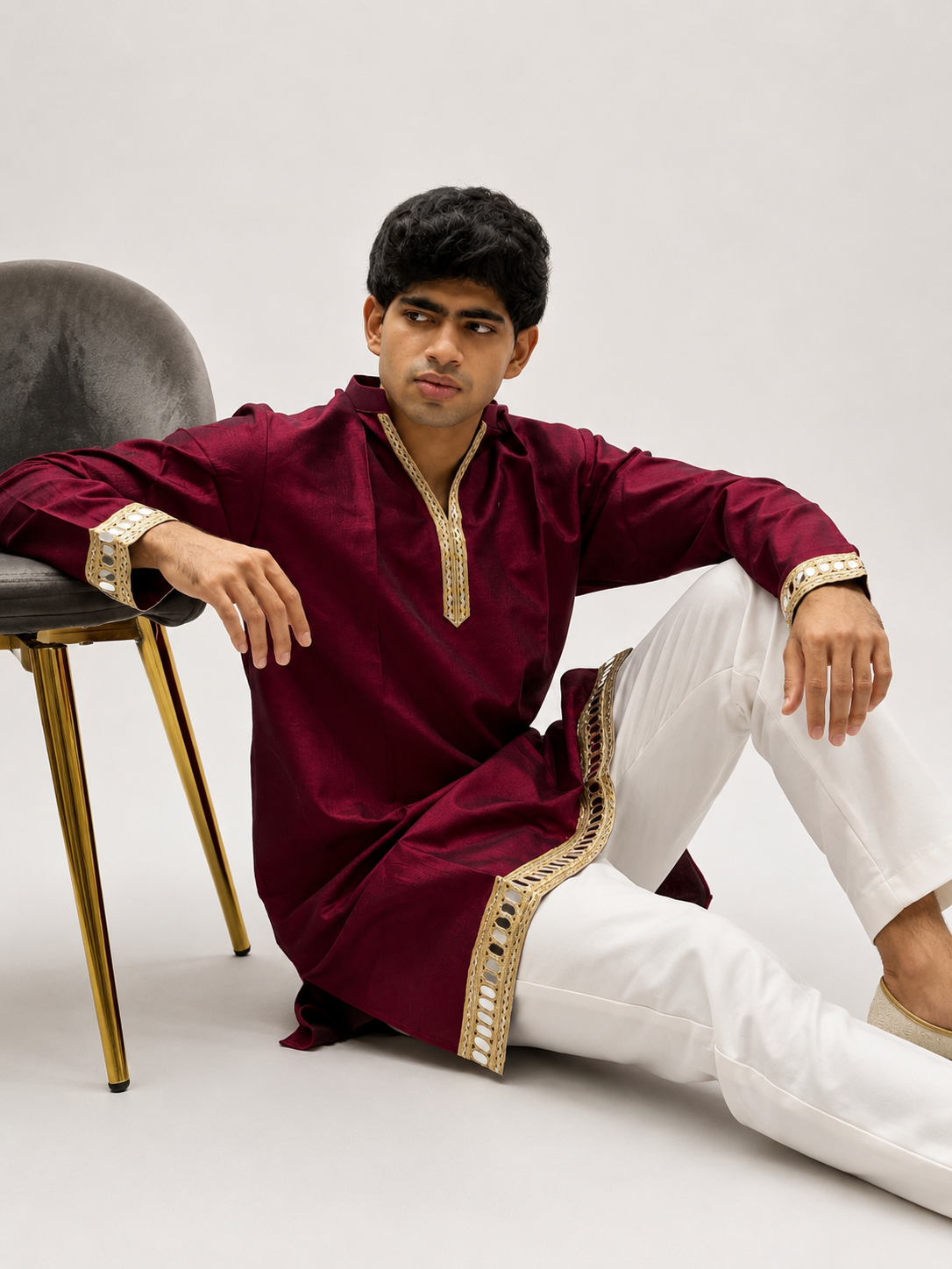Rani Pink Silk Daman Work Kurta Set – V-Neck