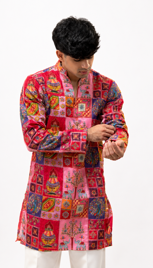 Men's Pink Multicolor Printed Ethnic Kurta with White Trouser
