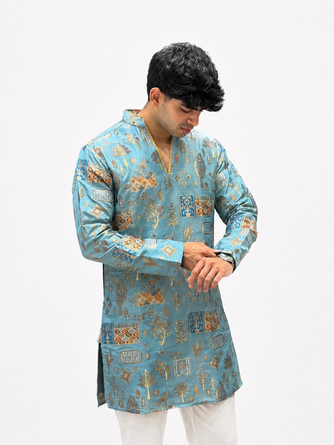 Men's Sky Blue Gold Printed Ethnic Kurta with White Trouser