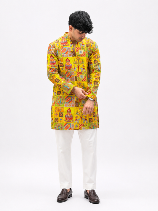 Men's Yellow Multicolor Printed Ethnic Kurta with White Trouser