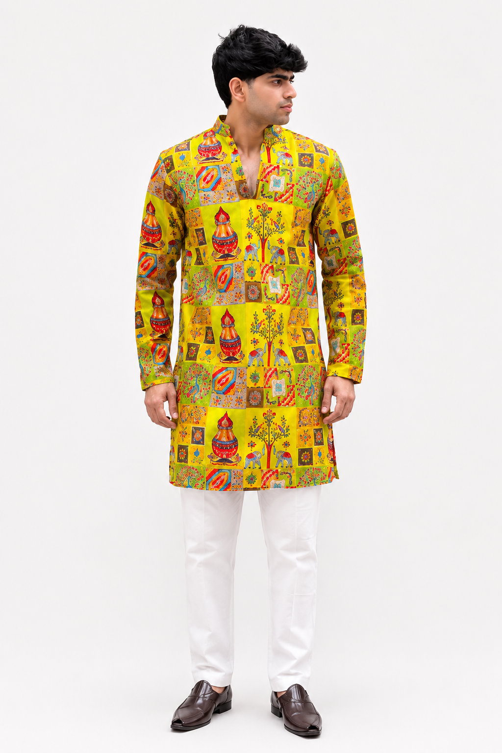 Men's Yellow Multicolor Printed Ethnic Kurta with White Trouser