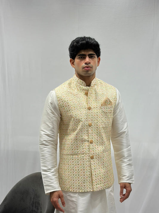 Cream Kurta & Gold Embroidered Nehru Jacket Set