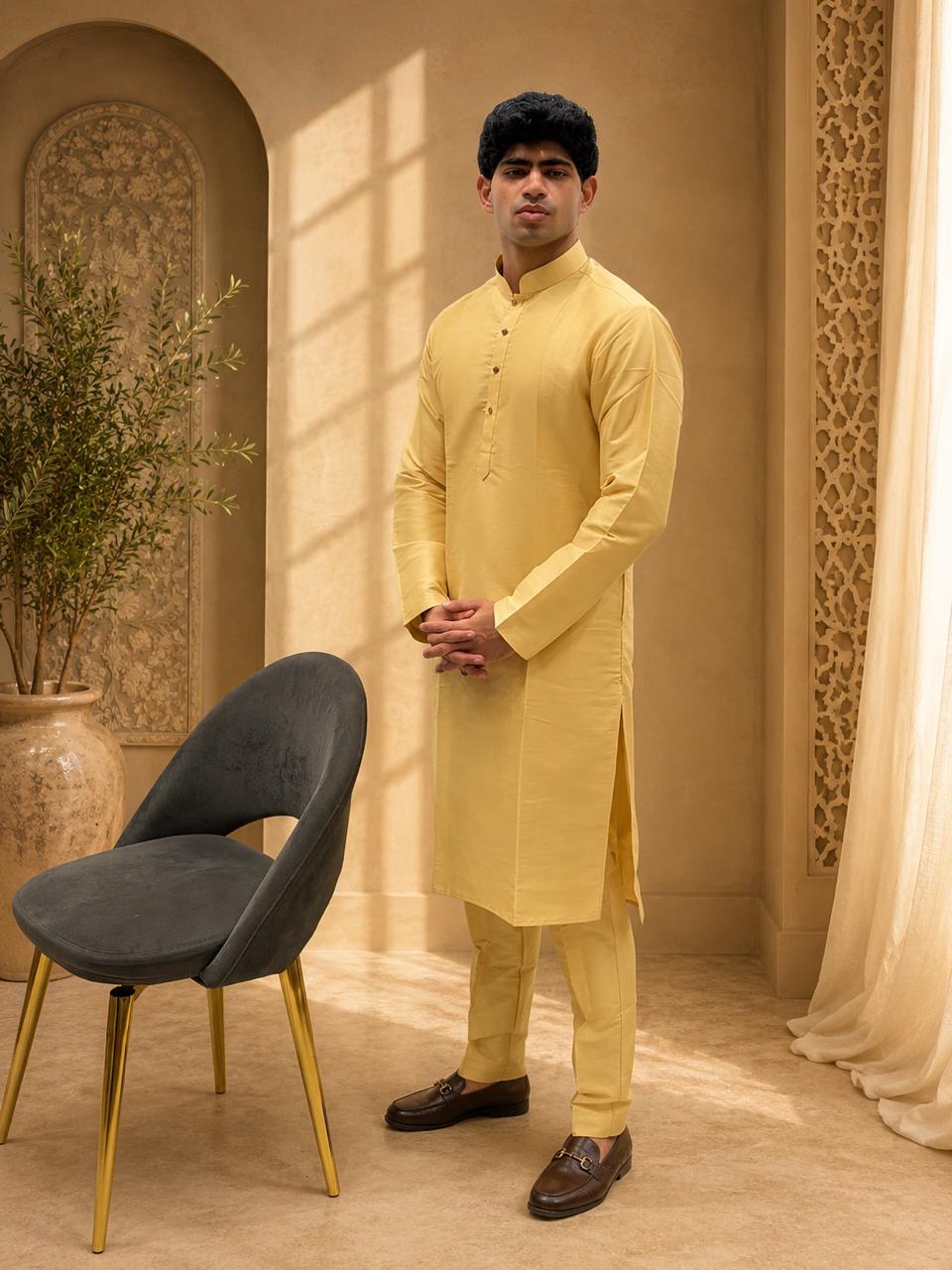 Golden Kurta & Pink Embroidered Nehru Jacket Set