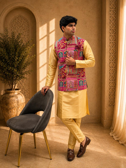 Golden Kurta & Pink Embroidered Nehru Jacket Set