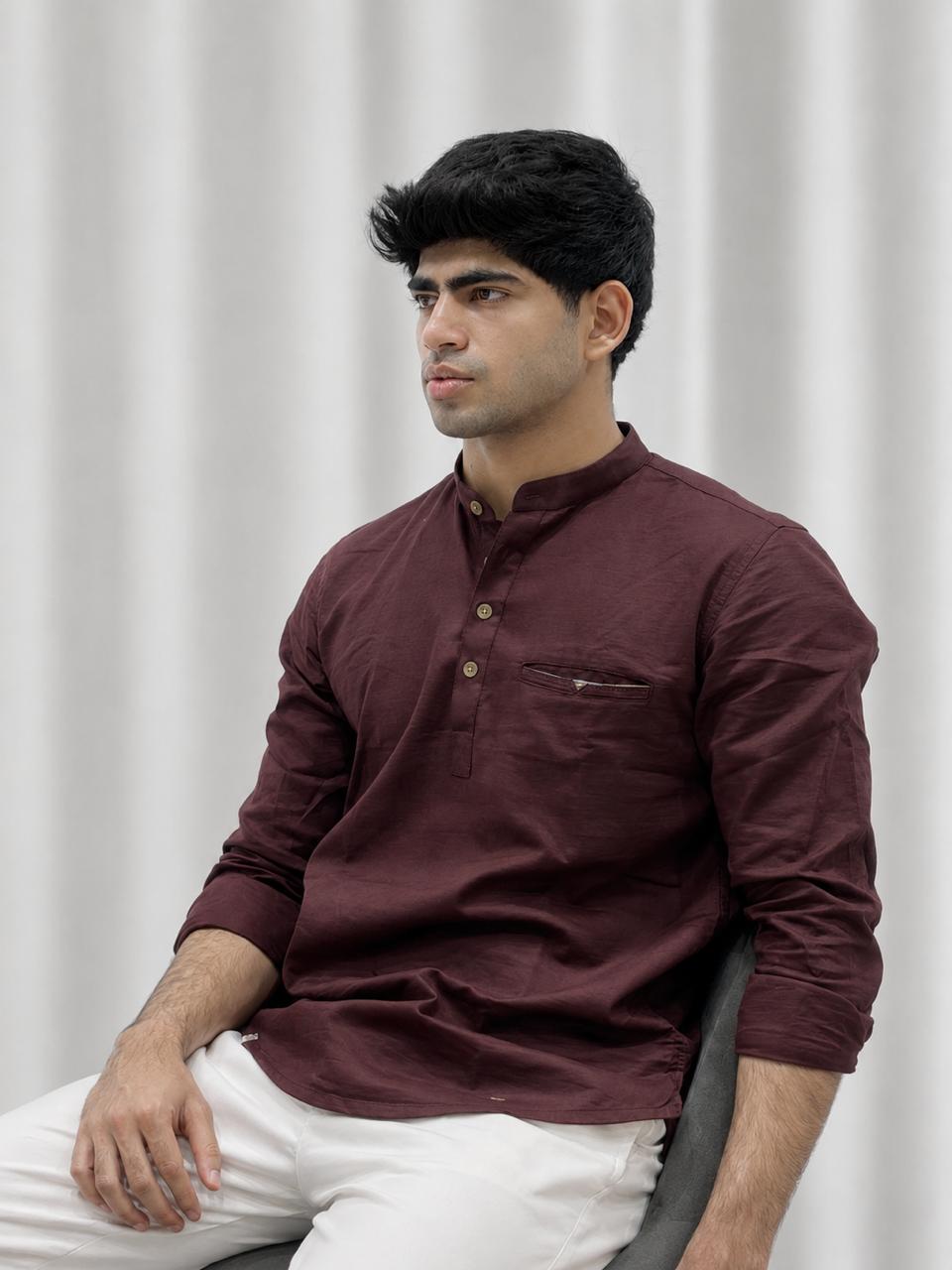 Wine Cotton Linen Short Kurta