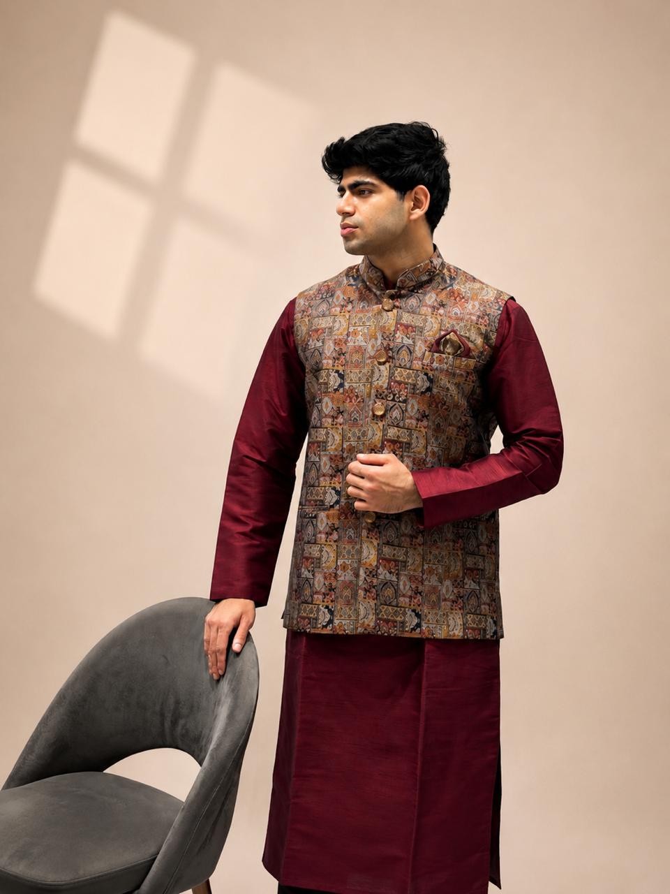 Maroon Kurta & Brown Nehru Jacket Set