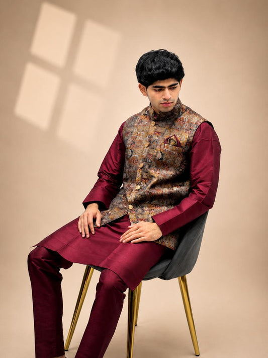 Maroon Kurta & Brown Nehru Jacket Set