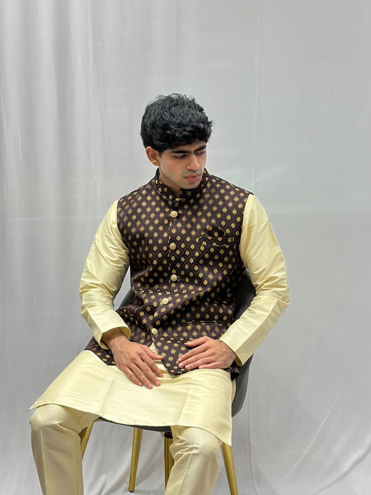 Golden Kurta & Brown Nehru Jacket Set
