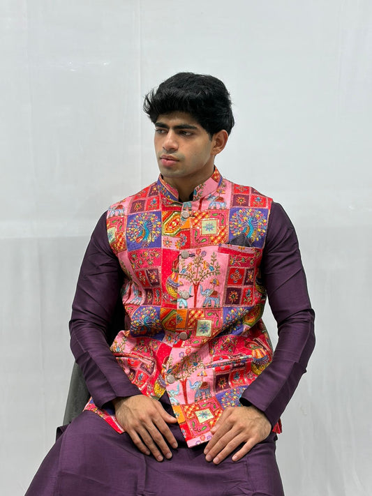 Purple Kurta & Pink Embroidered Nehru Jacket Set