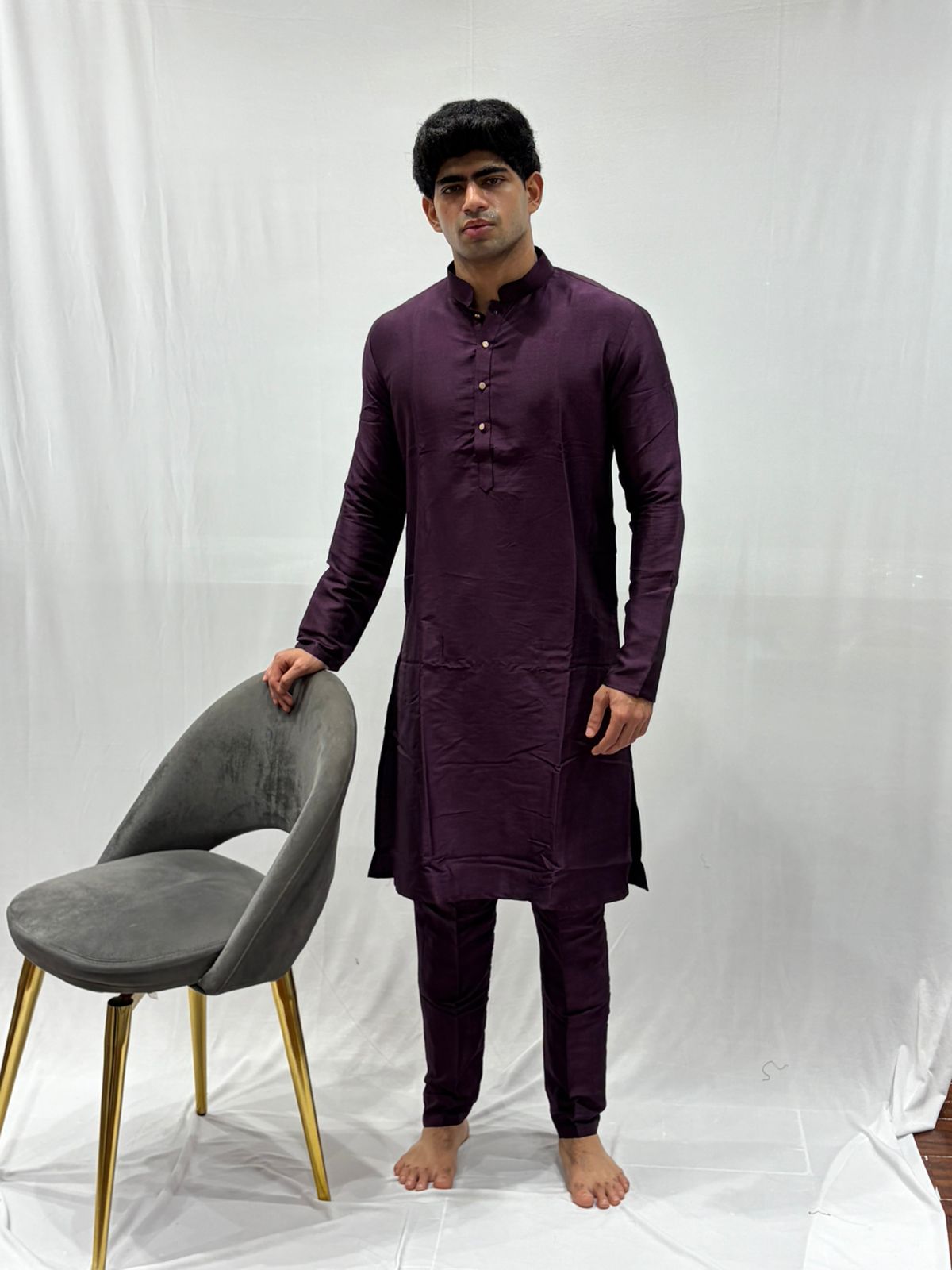 Purple Kurta & Pink Embroidered Nehru Jacket Set