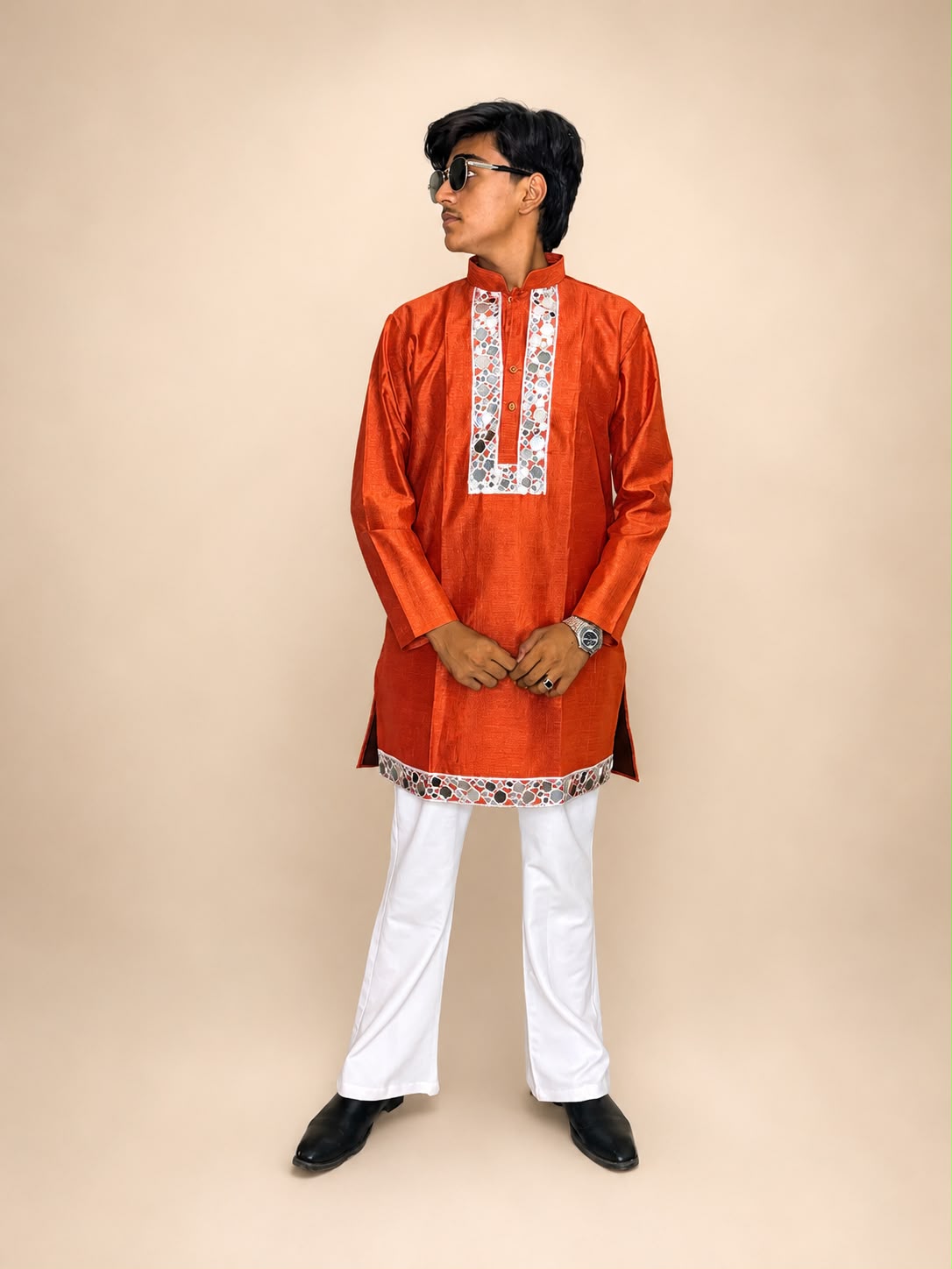 Orange Neck Work Silk Kurta Bootcut pant