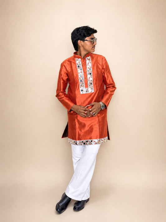 Orange Neck Work Silk Kurta Bootcut pant