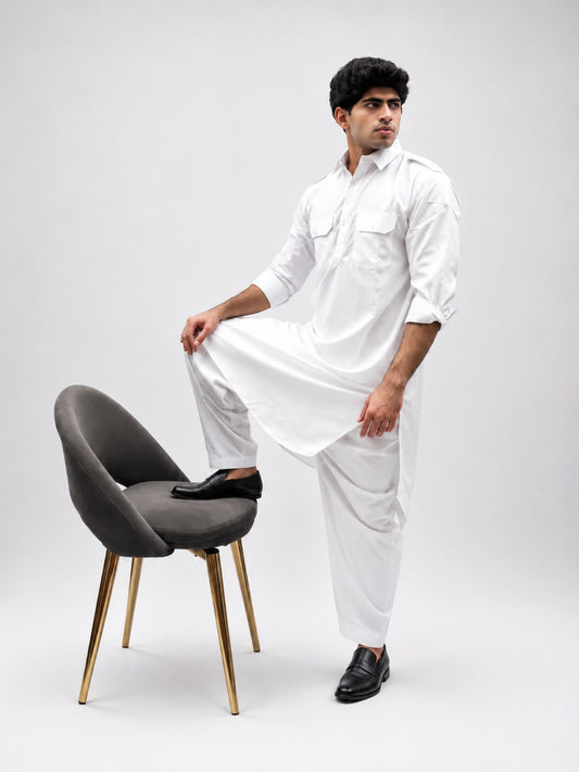 Men's Classic White Pathani Set | Premium Cotton Blend Ethnic Wear