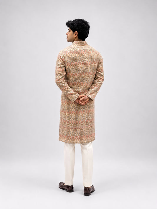 Men's Beige Thread Work Kurta Set | Premium Embroidered Ethnic Wear