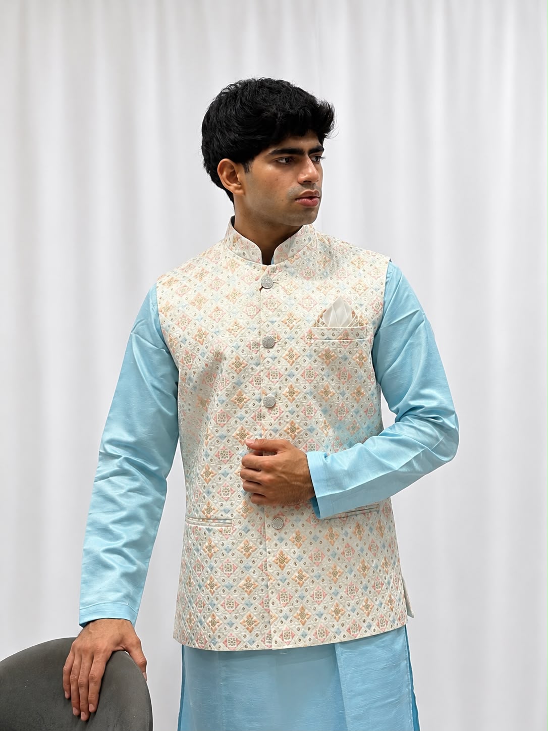 Sky Blue Kurta with White Trouser Pastel Embroidered Nehru Jacket Set