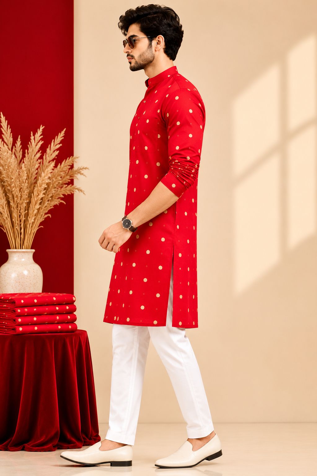 Red Cotton Golden Butti Onil Kurta for Men