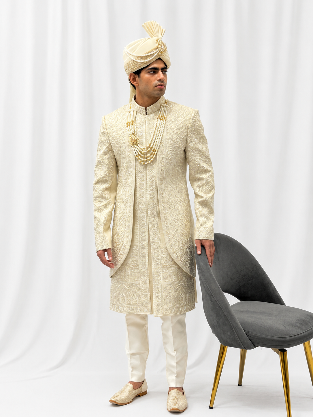 Royal Ivory Embroidered Sherwani Set with Safa