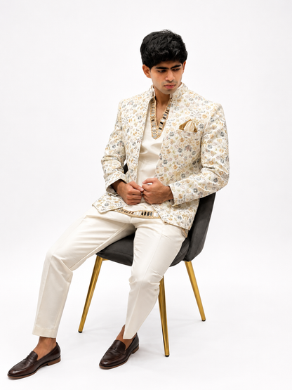 Ivory Floral Printed Jodhpuri Jacket set