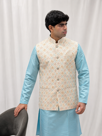 Sky Blue Embroidered Nehru Jacket Kurta Set