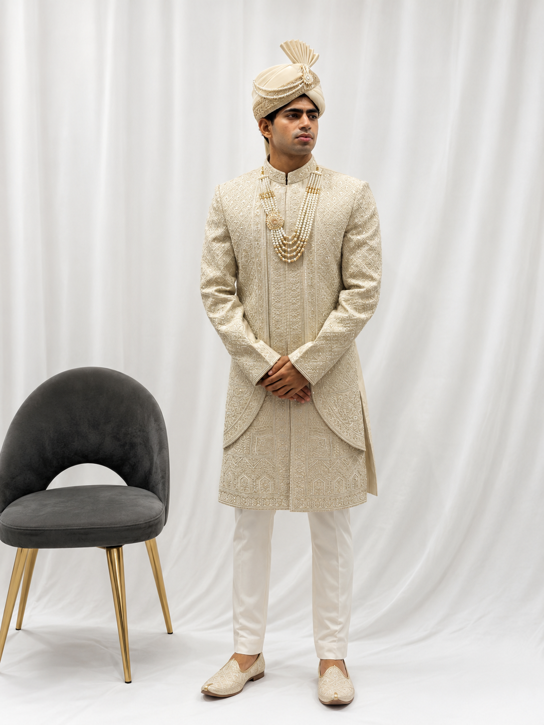 Royal Ivory Embroidered Sherwani Set with Safa