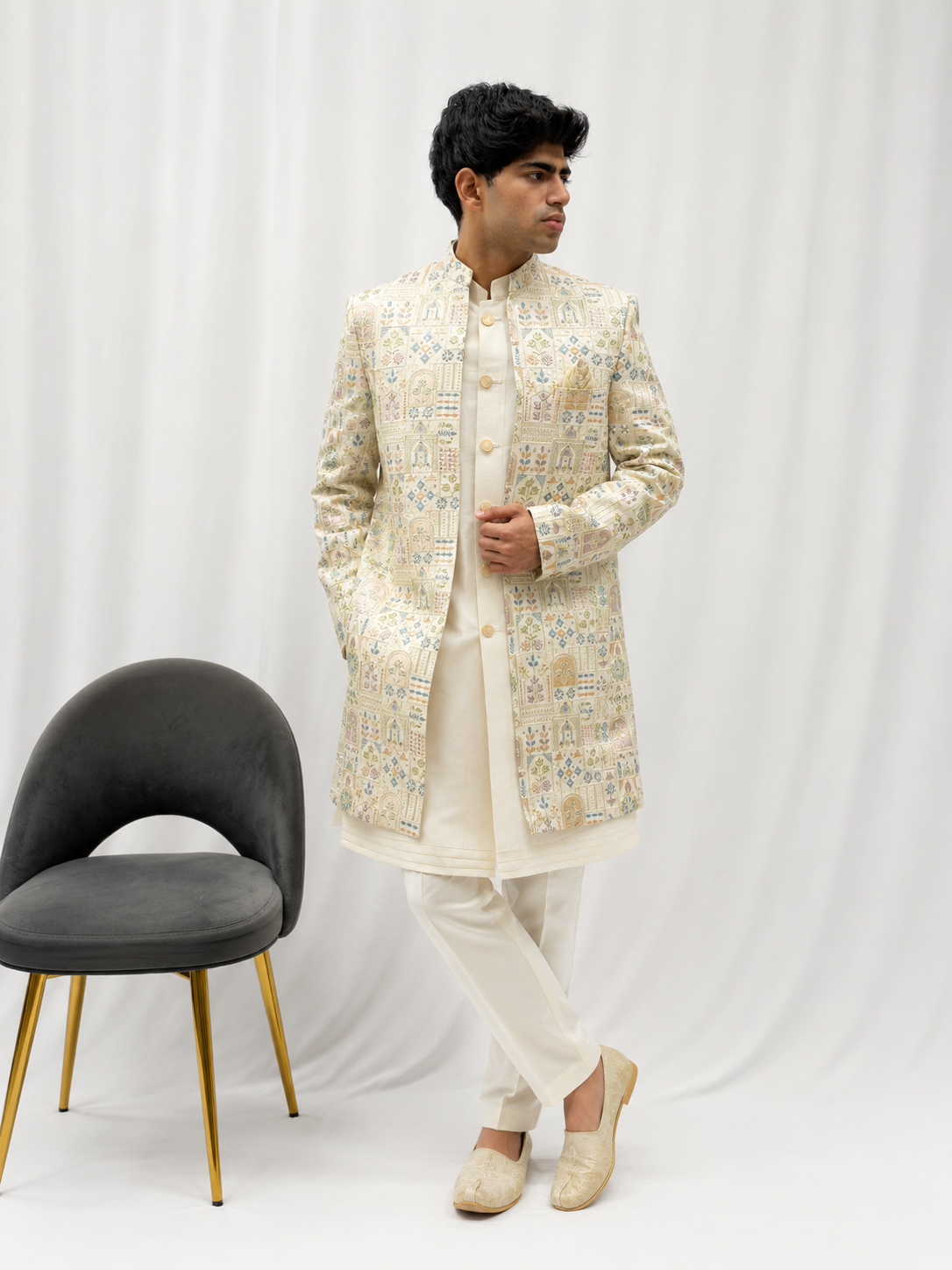 Premium Ivory Mosaic Printed Indo-Western Jacket Set for Men
