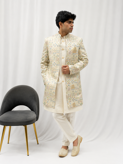 Premium Ivory Mosaic Printed Indo-Western Jacket Set for Men