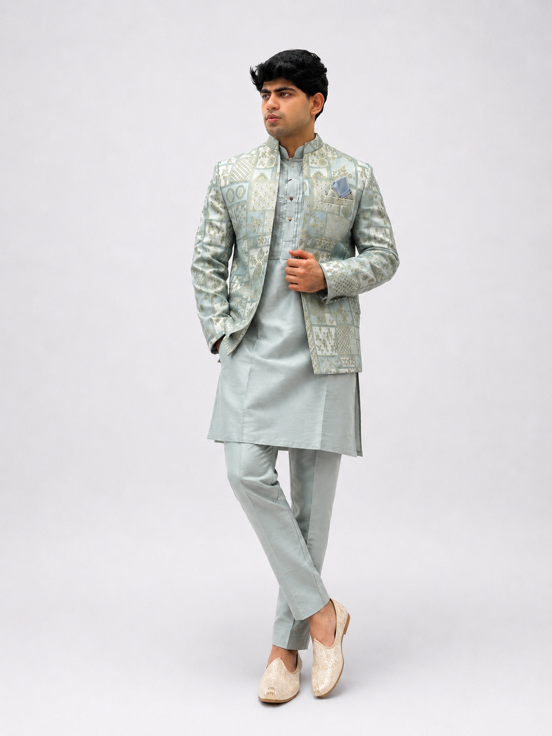 Mint Green Designer Indo-Western Jacket Kurta Set