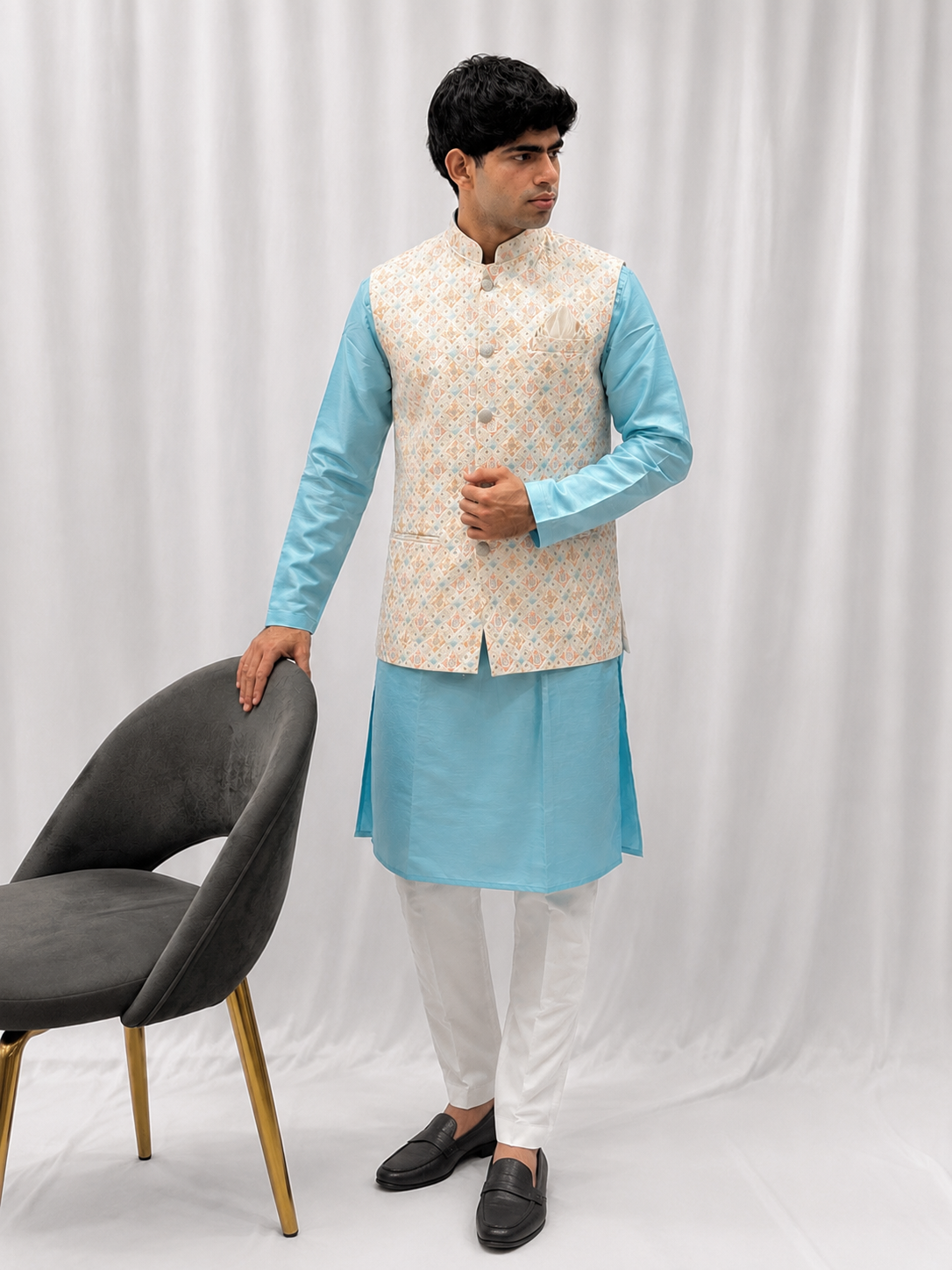 Sky Blue Embroidered Nehru Jacket Kurta Set