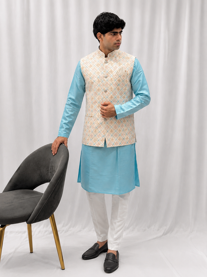 Sky Blue Embroidered Nehru Jacket Kurta Set